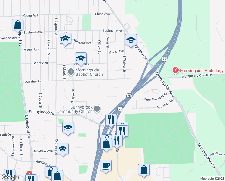 map of restaurants, bars, coffee shops, grocery stores, and more near 5619 Lyons Court in Sioux City