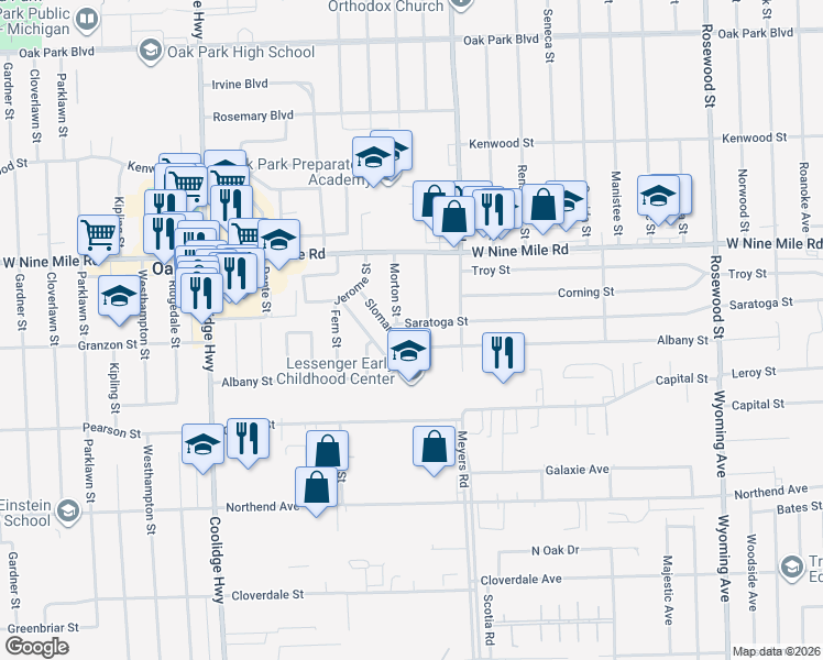 map of restaurants, bars, coffee shops, grocery stores, and more near 12750 Albany Street in Oak Park