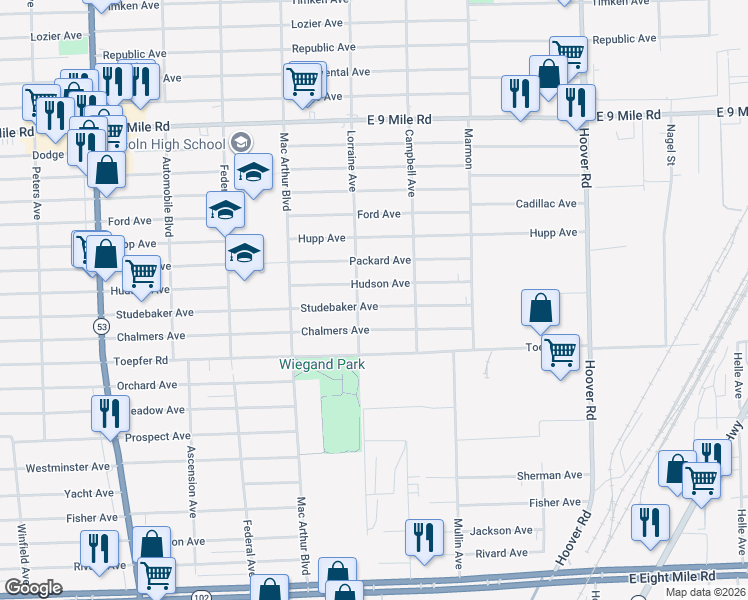 map of restaurants, bars, coffee shops, grocery stores, and more near 11025 Studebaker Avenue in Warren