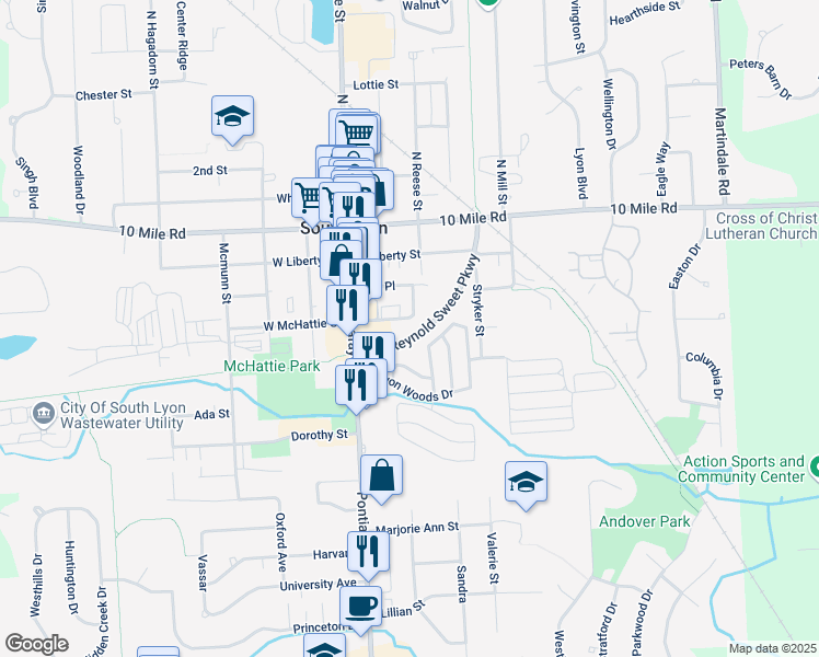 map of restaurants, bars, coffee shops, grocery stores, and more near 230 East McHattie Street in South Lyon