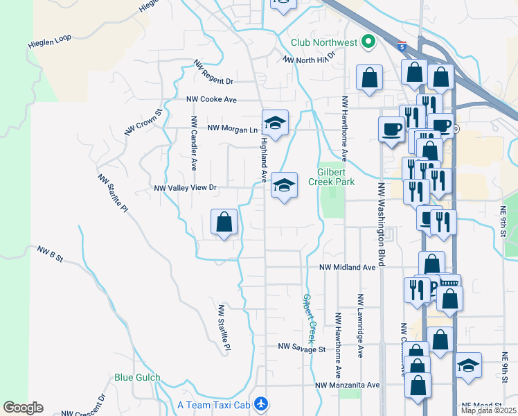 map of restaurants, bars, coffee shops, grocery stores, and more near 1680 Northwest Highland Avenue in Grants Pass