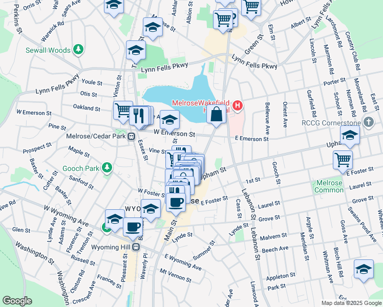 map of restaurants, bars, coffee shops, grocery stores, and more near 26 Winthrop Street in Melrose
