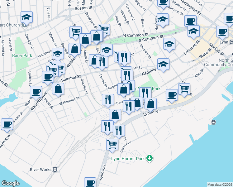 map of restaurants, bars, coffee shops, grocery stores, and more near 80 Lowell Street Court in Lynn