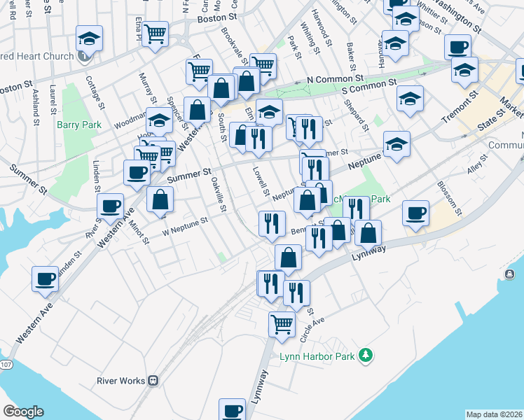 map of restaurants, bars, coffee shops, grocery stores, and more near 143 South Street in Lynn