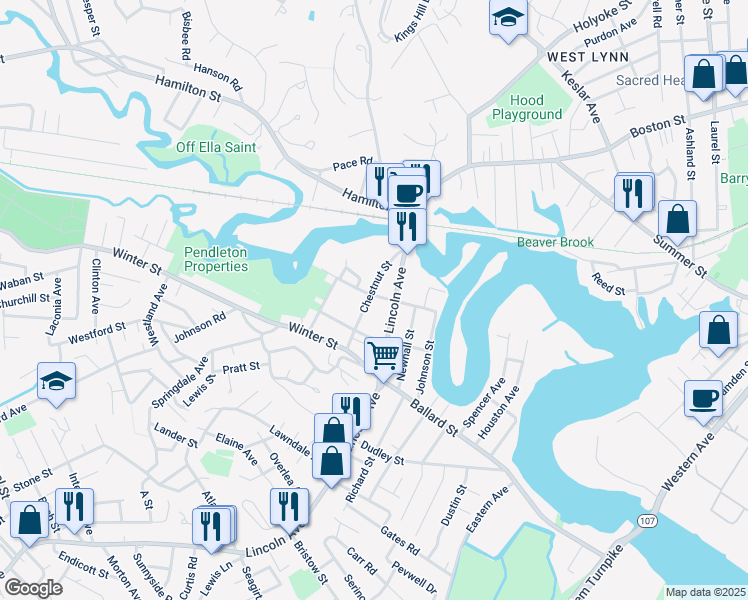 map of restaurants, bars, coffee shops, grocery stores, and more near 64 Chestnut Street in Saugus