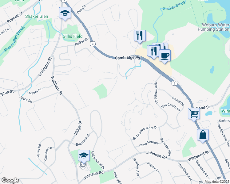map of restaurants, bars, coffee shops, grocery stores, and more near 11 Crossman Road in Woburn