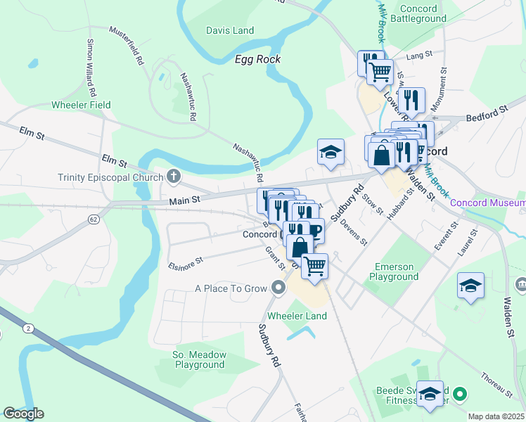 map of restaurants, bars, coffee shops, grocery stores, and more near 39 Cottage Lane in Concord