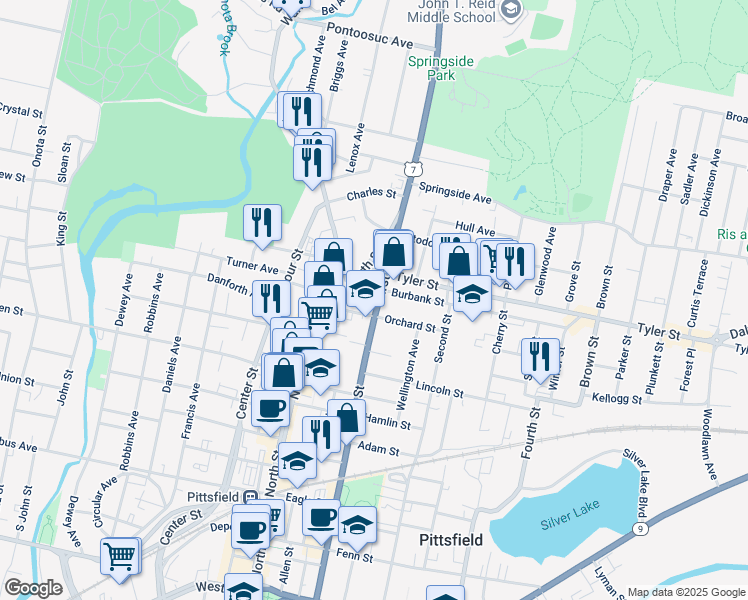 map of restaurants, bars, coffee shops, grocery stores, and more near 53 Orchard Street in Pittsfield