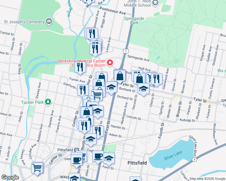 map of restaurants, bars, coffee shops, grocery stores, and more near 269 First Street in Pittsfield