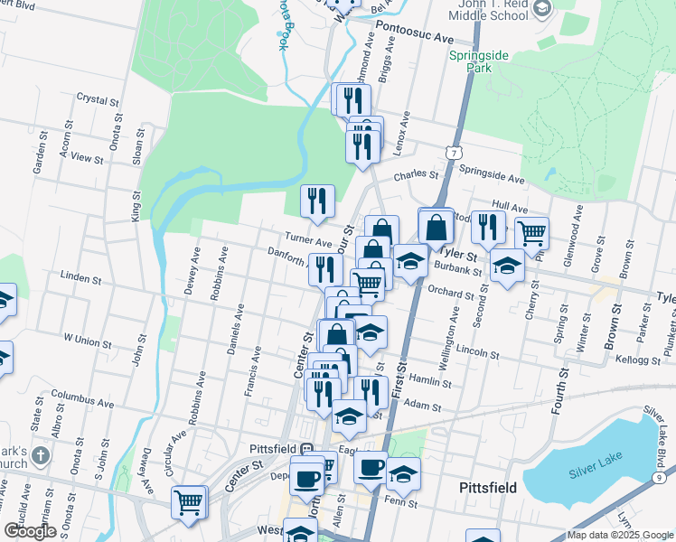 map of restaurants, bars, coffee shops, grocery stores, and more near 56 Seymour Street in Pittsfield