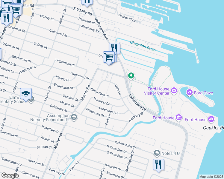 map of restaurants, bars, coffee shops, grocery stores, and more near 23219 Edsel Ford Court in St. Clair Shores