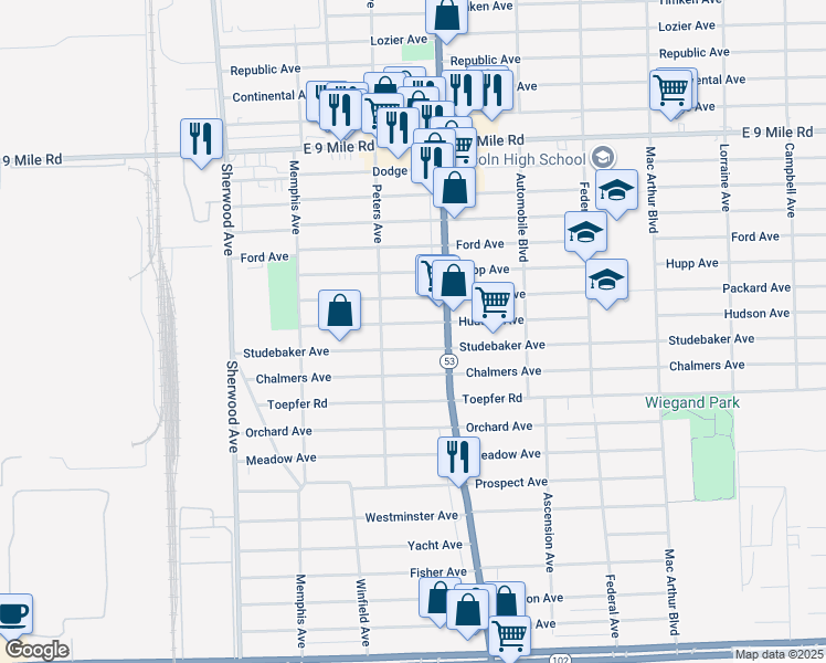 map of restaurants, bars, coffee shops, grocery stores, and more near 7543 Studebaker Avenue in Warren