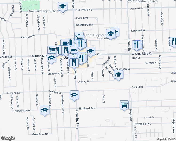 map of restaurants, bars, coffee shops, grocery stores, and more near 22010 Dante Street in Oak Park