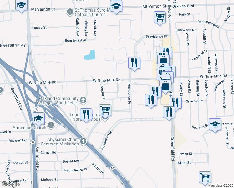 map of restaurants, bars, coffee shops, grocery stores, and more near 22512 Saratoga Street in Southfield
