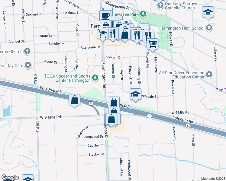 map of restaurants, bars, coffee shops, grocery stores, and more near 33234 Kingslane Court in Farmington