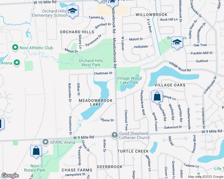 map of restaurants, bars, coffee shops, grocery stores, and more near 23141 Meadowbrook Road in Novi