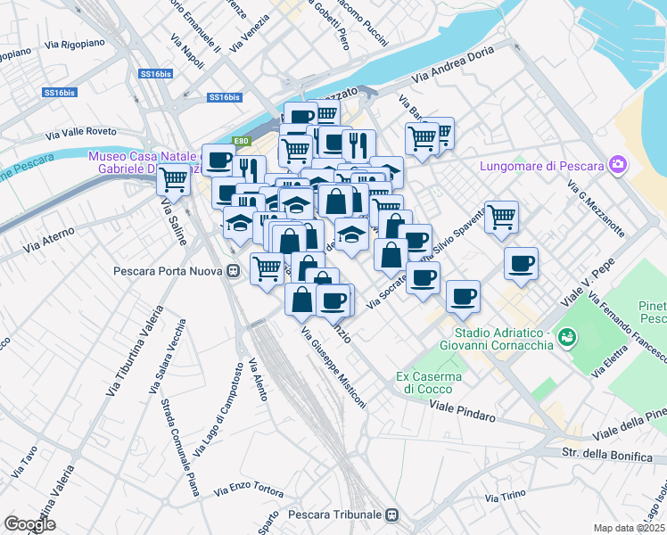 map of restaurants, bars, coffee shops, grocery stores, and more near 68 Via dei Marsi in Pescara