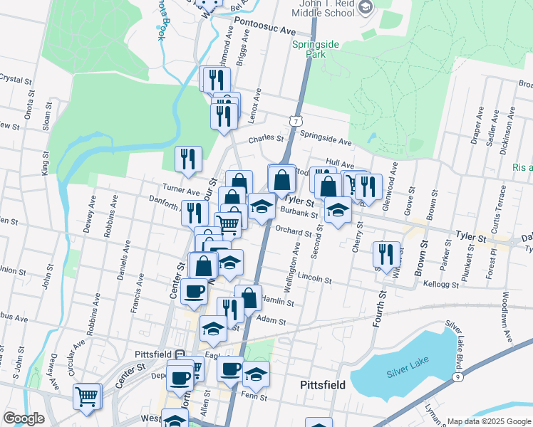 map of restaurants, bars, coffee shops, grocery stores, and more near 53 Orchard Street in Pittsfield