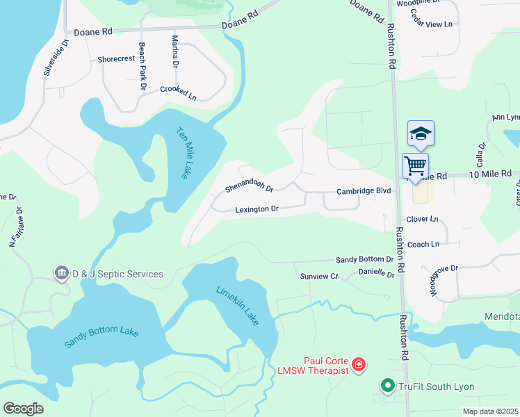map of restaurants, bars, coffee shops, grocery stores, and more near 11873 Lexington Drive in South Lyon