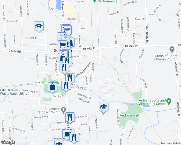 map of restaurants, bars, coffee shops, grocery stores, and more near 501 Thoreau Lane in South Lyon
