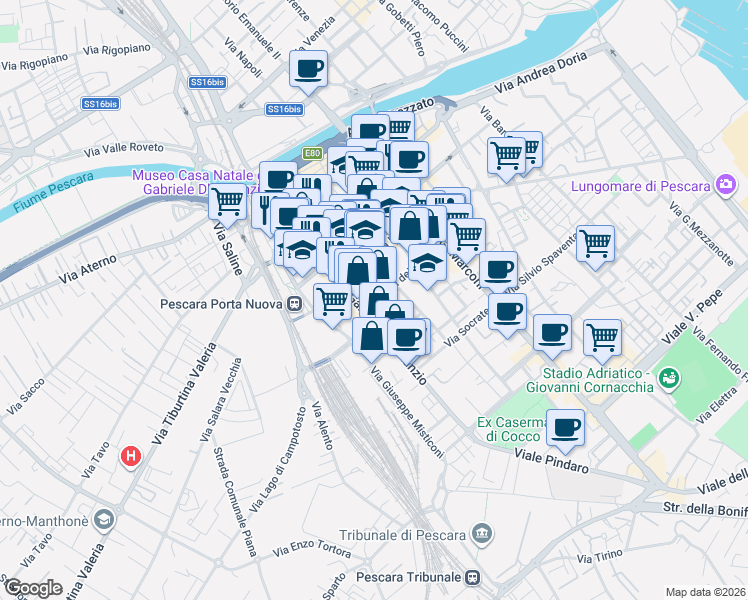map of restaurants, bars, coffee shops, grocery stores, and more near 164 Viale Gabriele D'Annunzio in Pescara