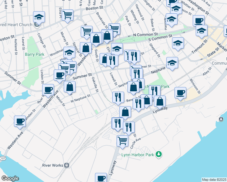 map of restaurants, bars, coffee shops, grocery stores, and more near 143 South Street in Lynn