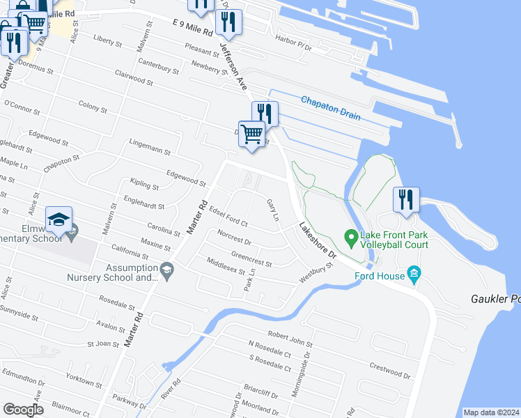 map of restaurants, bars, coffee shops, grocery stores, and more near 22971 Gary Lane in St. Clair Shores