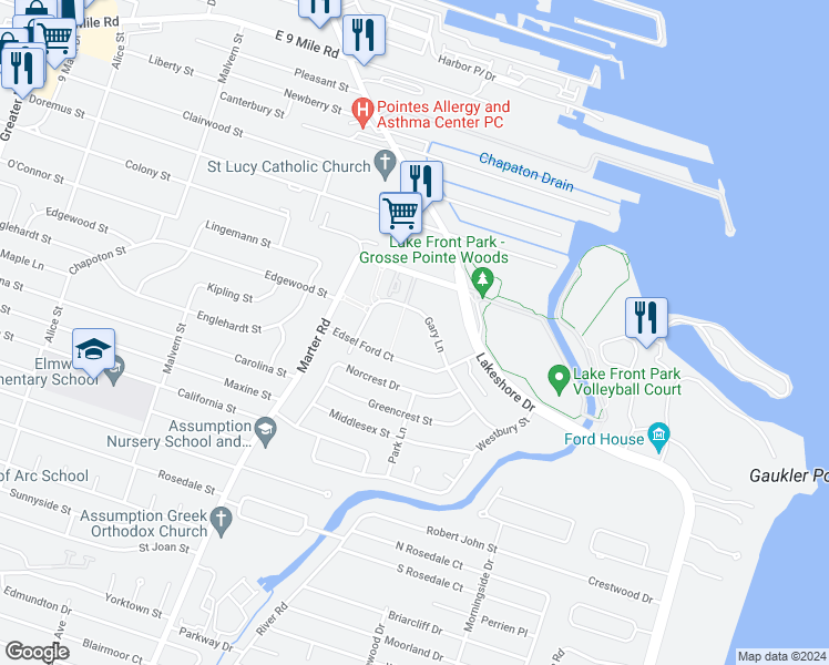 map of restaurants, bars, coffee shops, grocery stores, and more near 22971 Gary Lane in St. Clair Shores