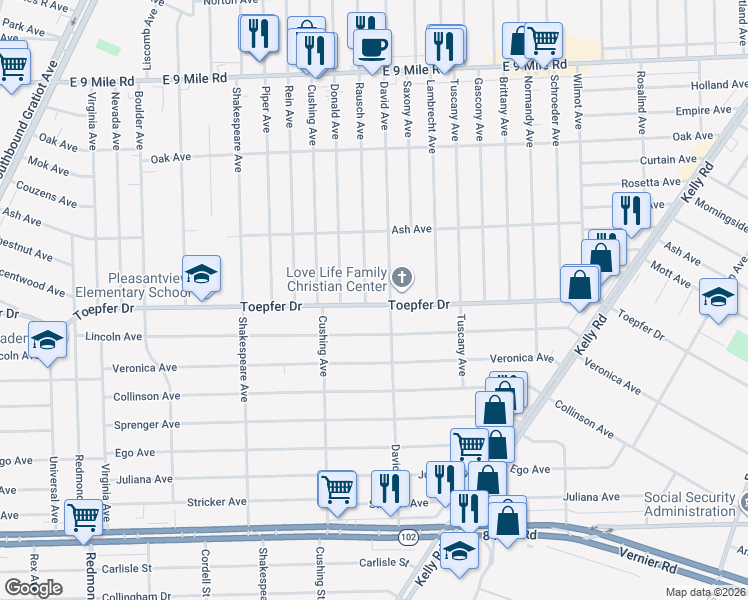 map of restaurants, bars, coffee shops, grocery stores, and more near 17206 Toepfer Drive in Eastpointe