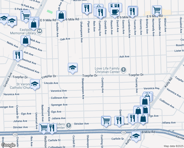 map of restaurants, bars, coffee shops, grocery stores, and more near 16811 Toepfer Drive in Eastpointe