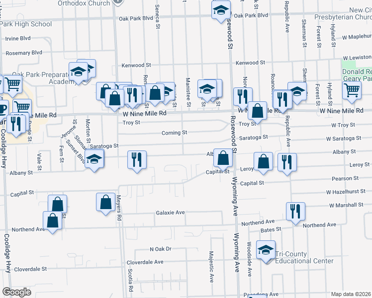map of restaurants, bars, coffee shops, grocery stores, and more near 22730 Manistee Street in Oak Park