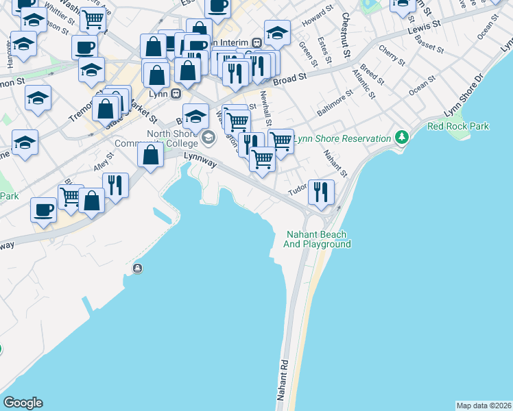 map of restaurants, bars, coffee shops, grocery stores, and more near 152 Lynnway in Lynn