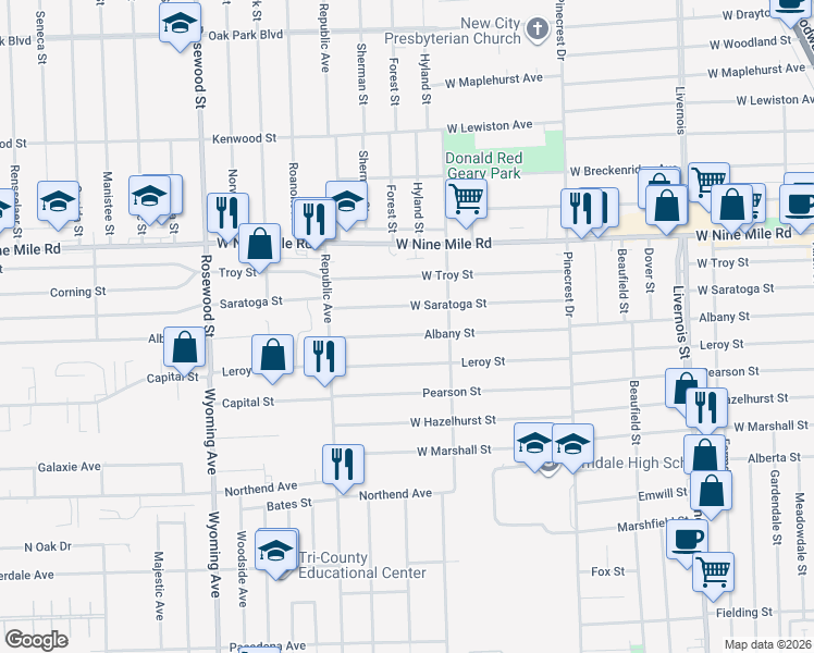 map of restaurants, bars, coffee shops, grocery stores, and more near 1586 Albany Street in Ferndale
