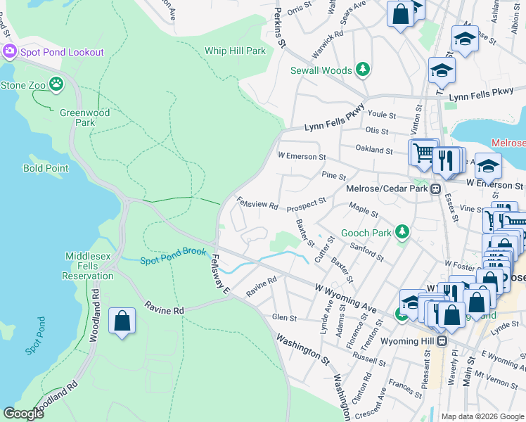 map of restaurants, bars, coffee shops, grocery stores, and more near 76 Fellsview Road in Stoneham