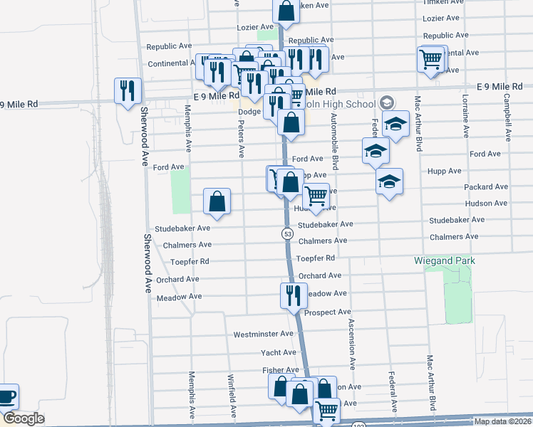 map of restaurants, bars, coffee shops, grocery stores, and more near 7543 Studebaker Avenue in Warren