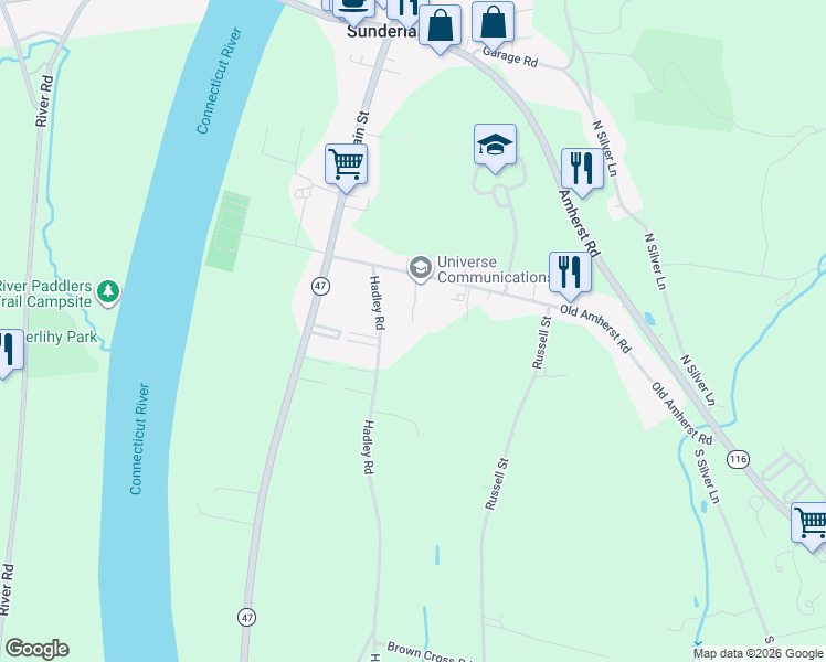 map of restaurants, bars, coffee shops, grocery stores, and more near 39 Old Amherst Road in Sunderland