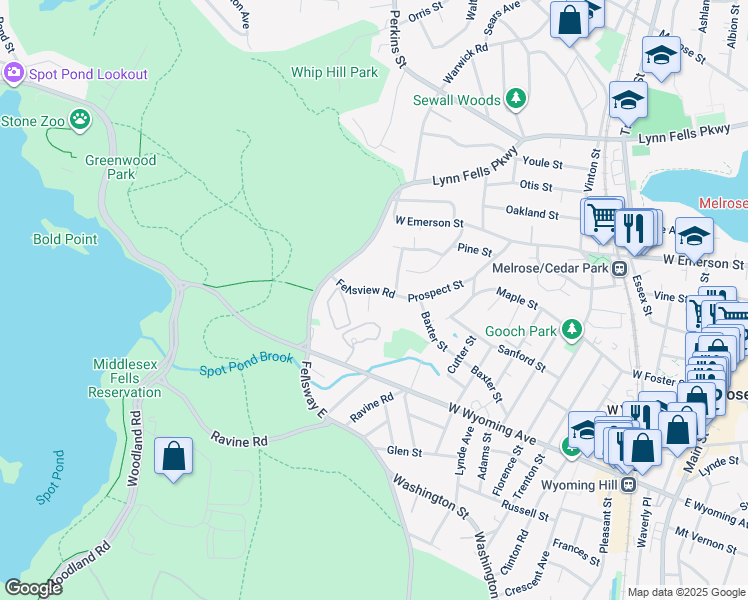 map of restaurants, bars, coffee shops, grocery stores, and more near 76 Fellsview Road in Stoneham