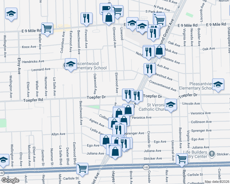 map of restaurants, bars, coffee shops, grocery stores, and more near 14971 Toepfer Drive in Eastpointe