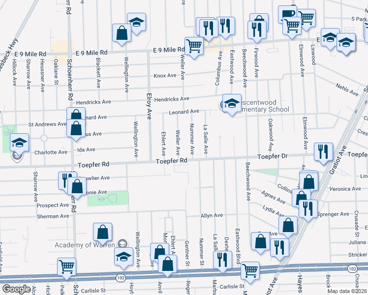 map of restaurants, bars, coffee shops, grocery stores, and more near 21755 Nummer Avenue in Warren