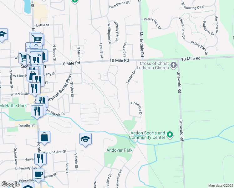 map of restaurants, bars, coffee shops, grocery stores, and more near 229 Brookwood Drive in South Lyon
