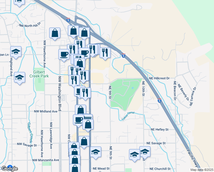 map of restaurants, bars, coffee shops, grocery stores, and more near 1696 Northeast 9th Street in Grants Pass
