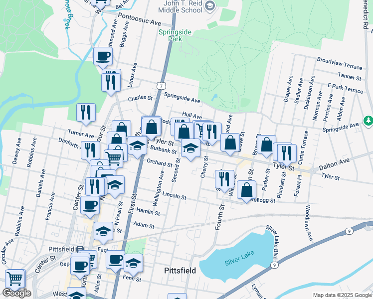 map of restaurants, bars, coffee shops, grocery stores, and more near 228 Tyler Street in Pittsfield