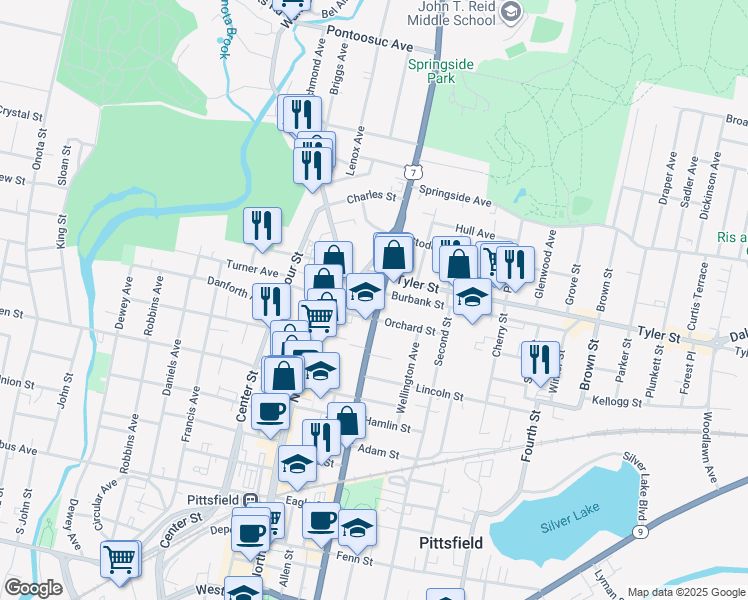 map of restaurants, bars, coffee shops, grocery stores, and more near 53 Orchard Street in Pittsfield