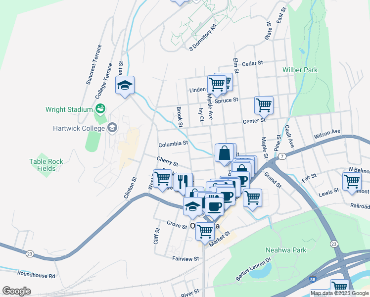 map of restaurants, bars, coffee shops, grocery stores, and more near 19 Birch Street in Oneonta