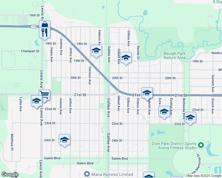 map of restaurants, bars, coffee shops, grocery stores, and more near 2033 Galilee Avenue in Zion