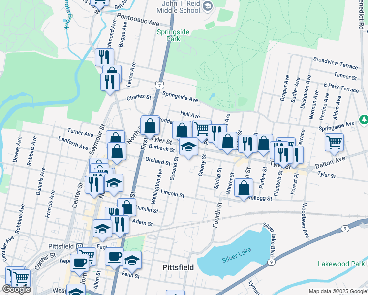 map of restaurants, bars, coffee shops, grocery stores, and more near 228 Tyler Street in Pittsfield