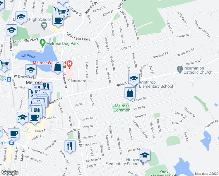 map of restaurants, bars, coffee shops, grocery stores, and more near 203 Upham Street in Melrose