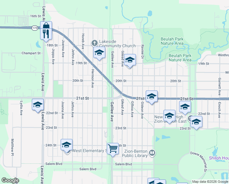 map of restaurants, bars, coffee shops, grocery stores, and more near 2033 Galilee Avenue in Zion