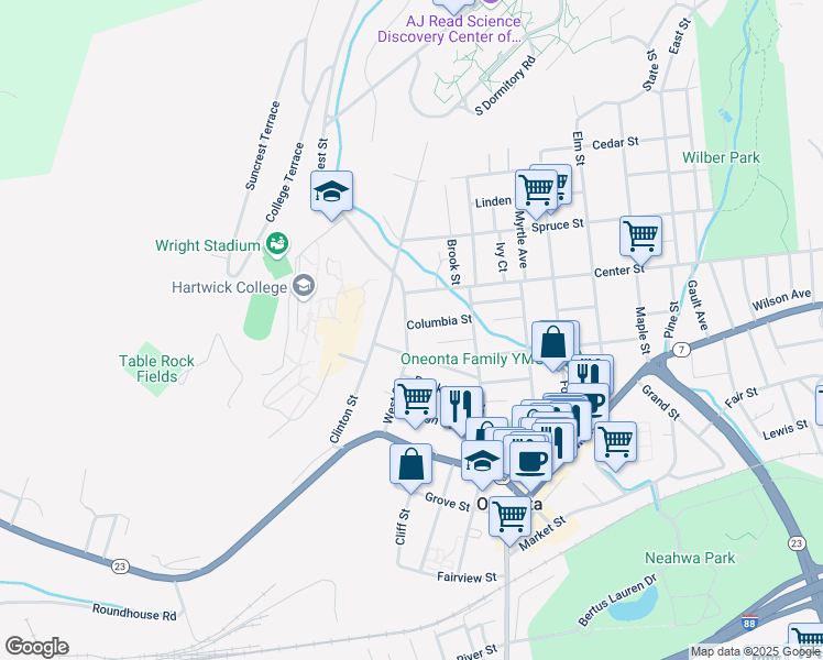 map of restaurants, bars, coffee shops, grocery stores, and more near 38 West Street in Oneonta