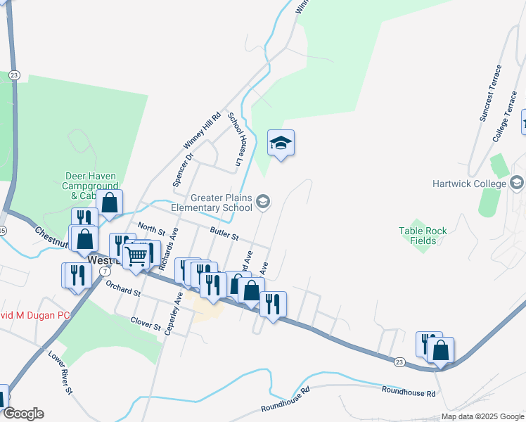 map of restaurants, bars, coffee shops, grocery stores, and more near 60 West End Avenue in Oneonta